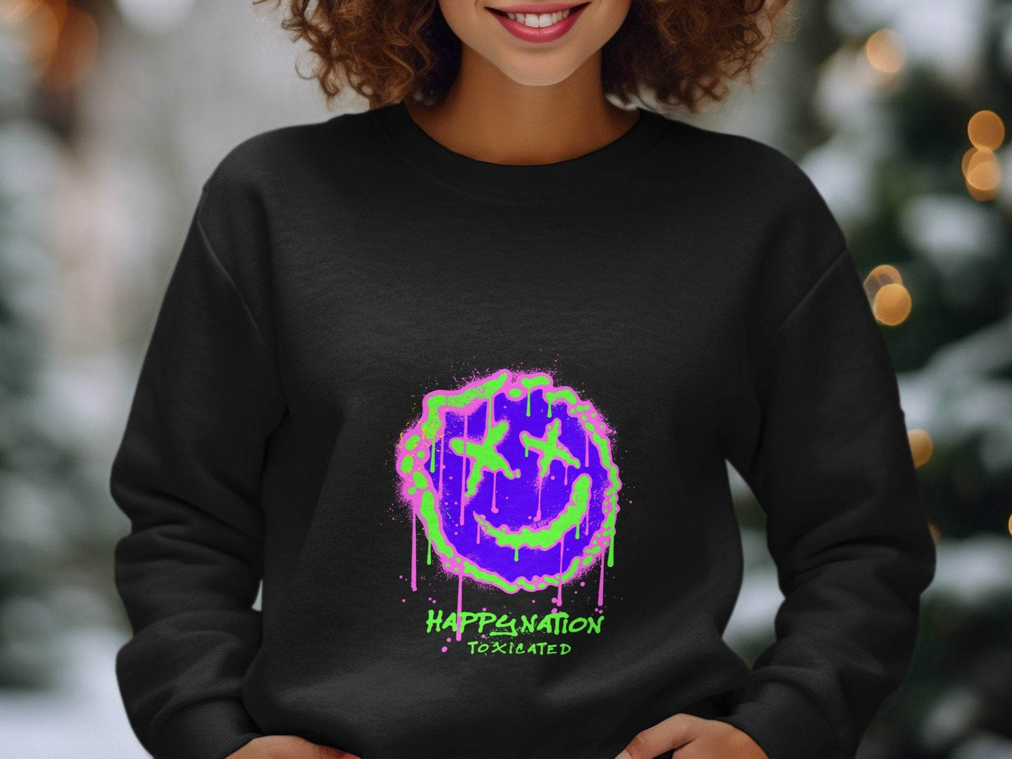 Happy Nation Toxiclated Smiley Face Graphic Design Sweater - Design & Vybe