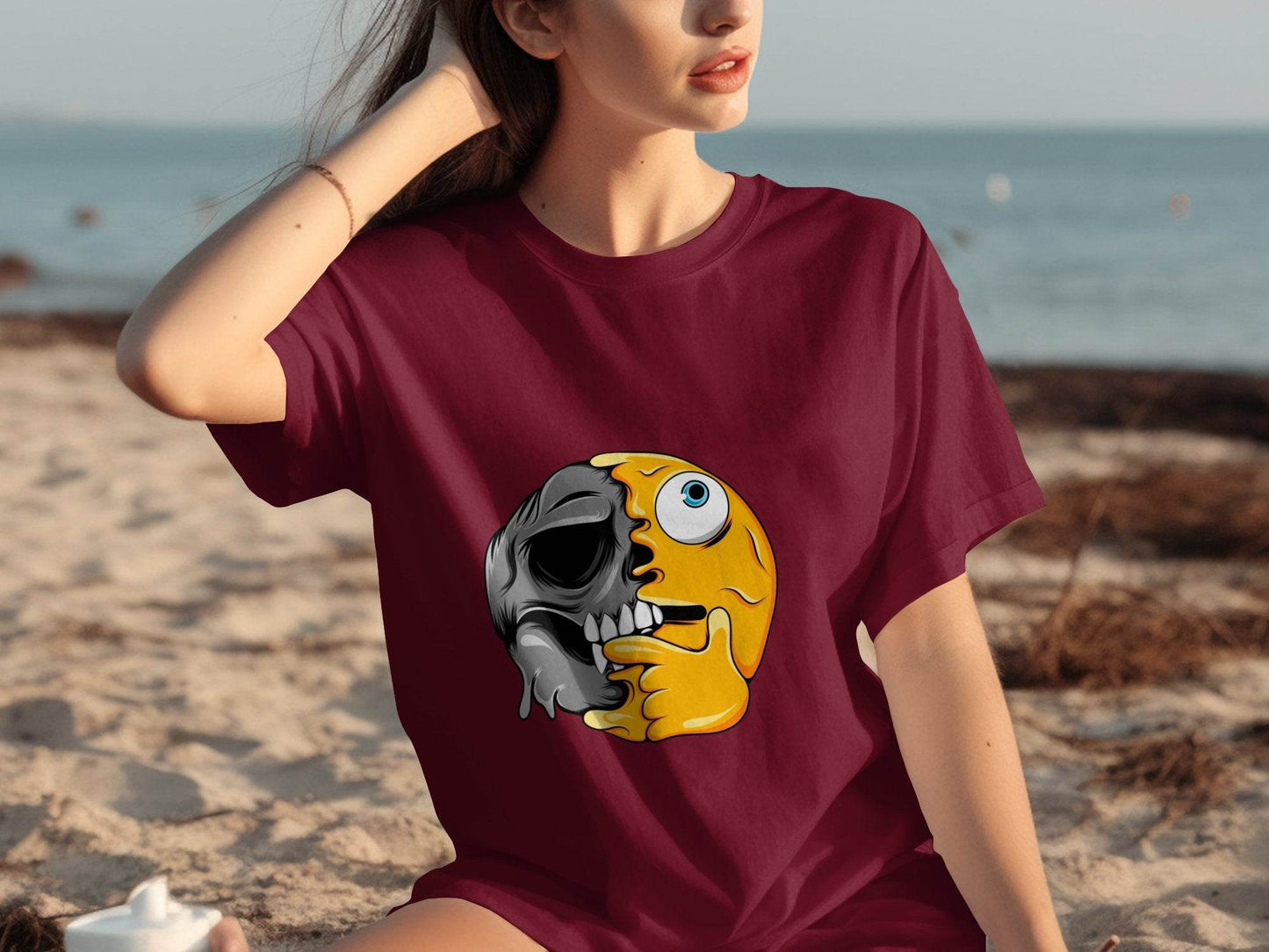 Emoji Skull Half and Half Funny Face Art T-Shirt - Design & Vybe