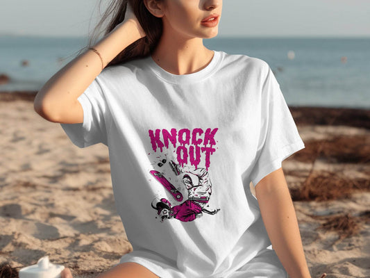 Knock Out Skateboarding Skeleton Illustration Art T-Shirt - Design & Vybe