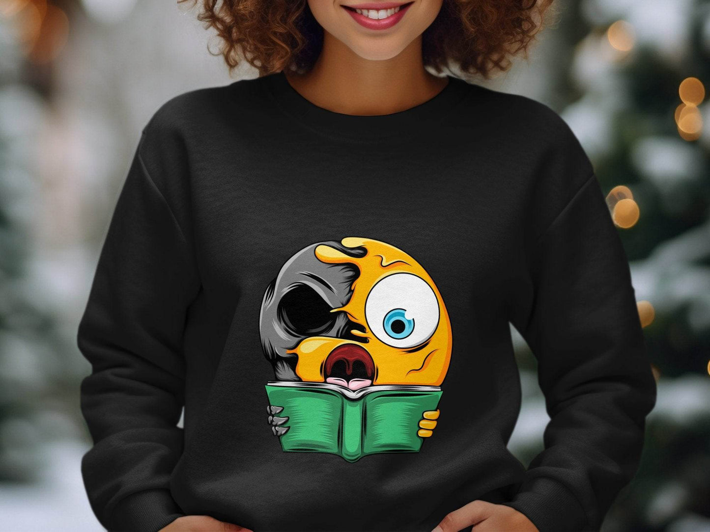 Half Emoji Half Skull Reading Book Funny Design Sweater - Design & Vybe