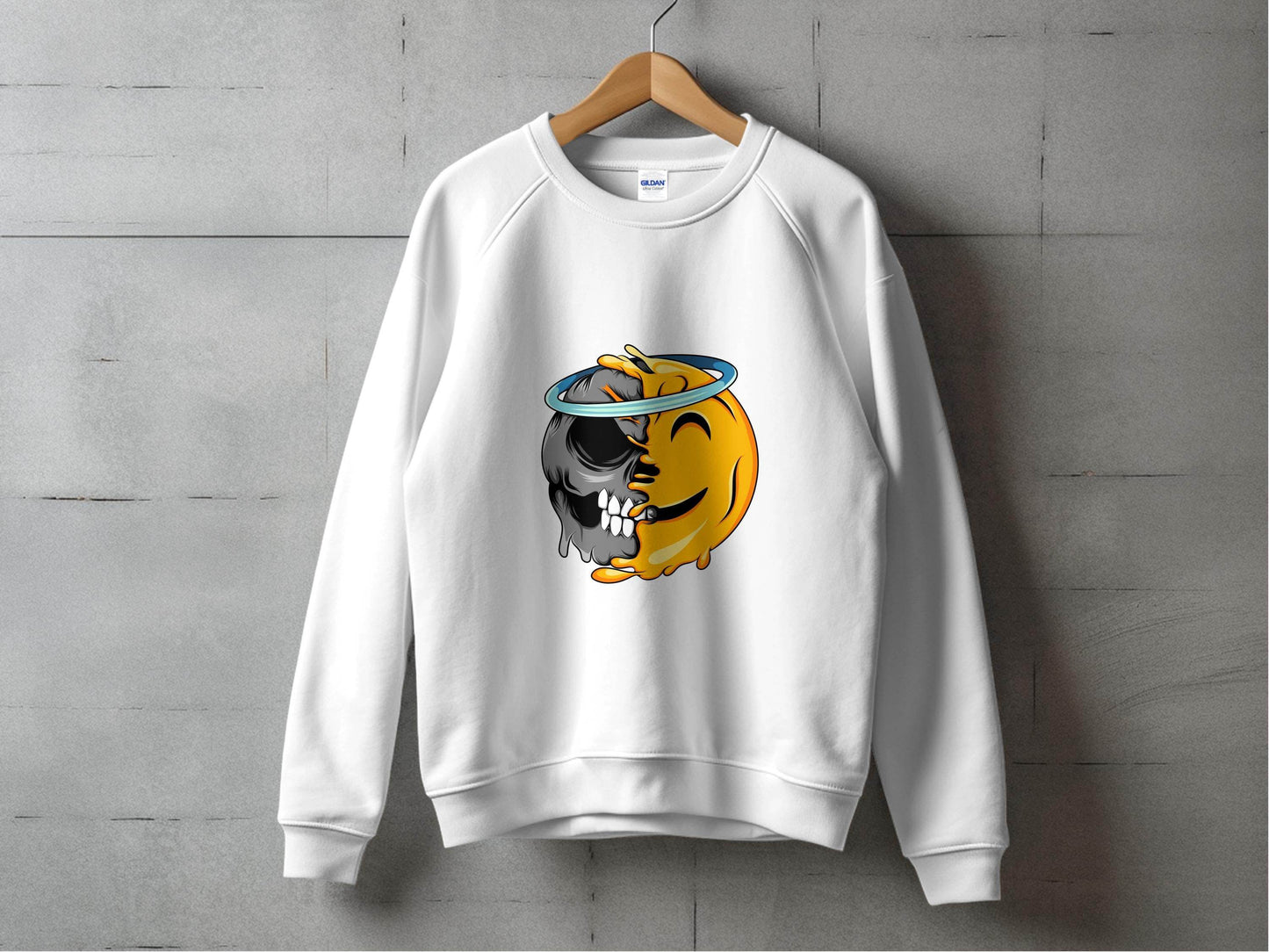 Skull Meets Emoji with a Halo Graphic Novelty Sweater - Design & Vybe