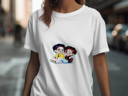 Two Boys Cute Cartoon Sitting Together Art On T-Shirt - Design & Vybe