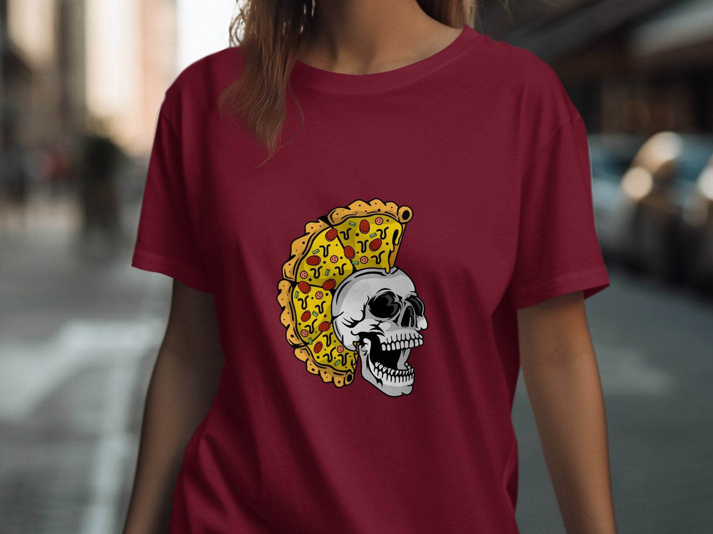 Skull with Pizza Hairstyle Graphic Novelty Design T-Shirt - Design & Vybe