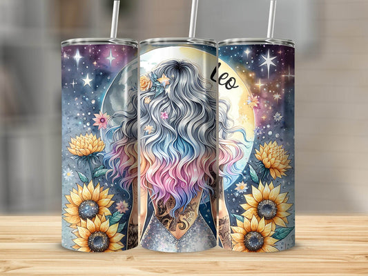 Leo Zodiac Sign Back Tattoo Girl Watercolor Flowers Sunflowers Tumbler - Design & Vybe