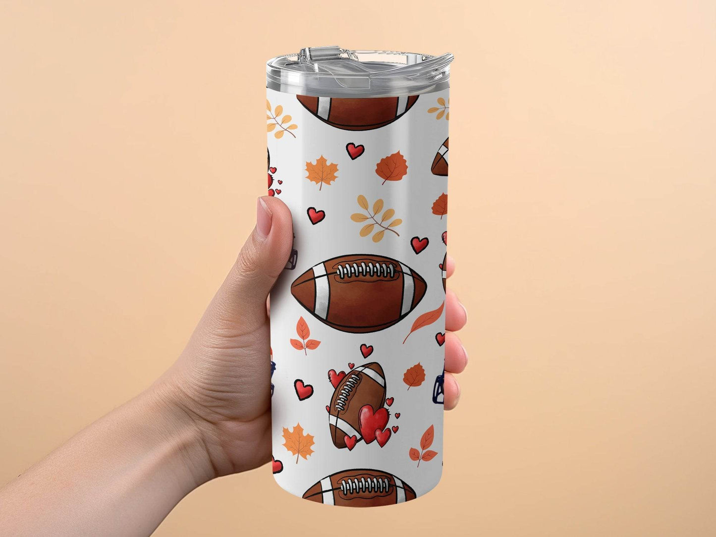 Football Helmet With Hearts And Leaves Pattern Design Tumbler - Design & Vybe
