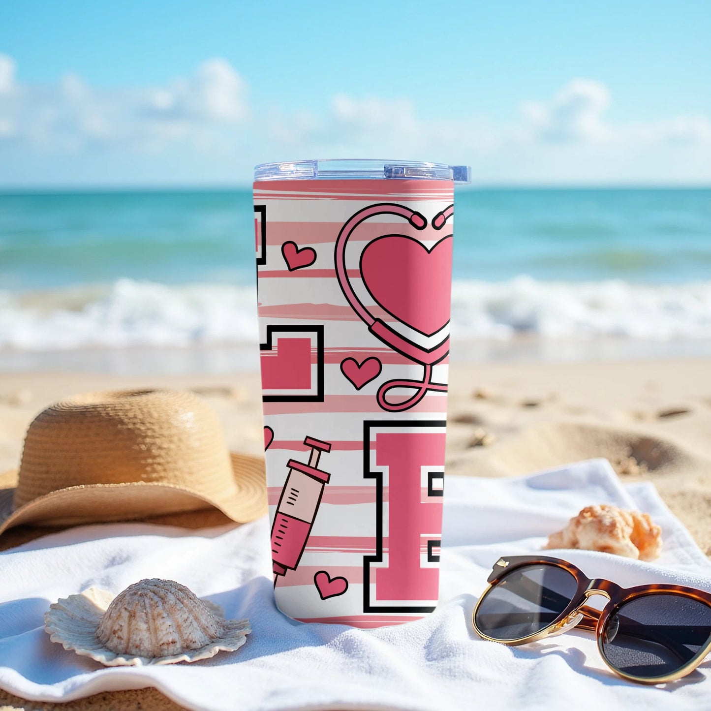 Cute Pink Healthcare Icons on Beach Tumbler product type