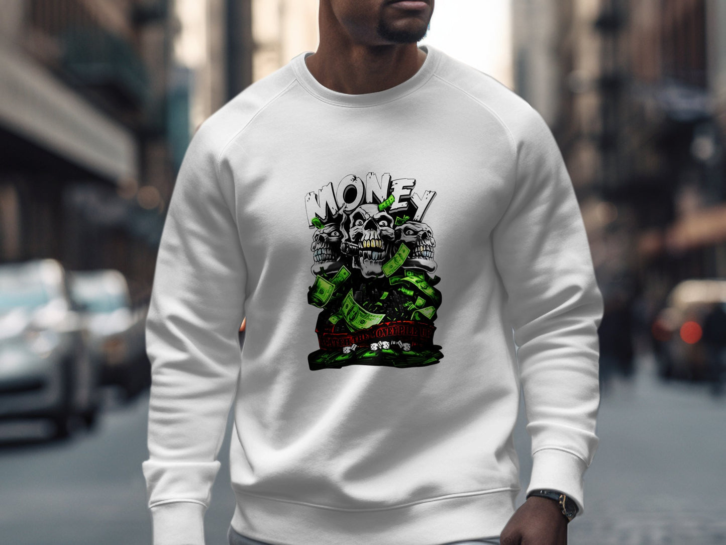 Skull with Money Design Printed White Sweatshirt product