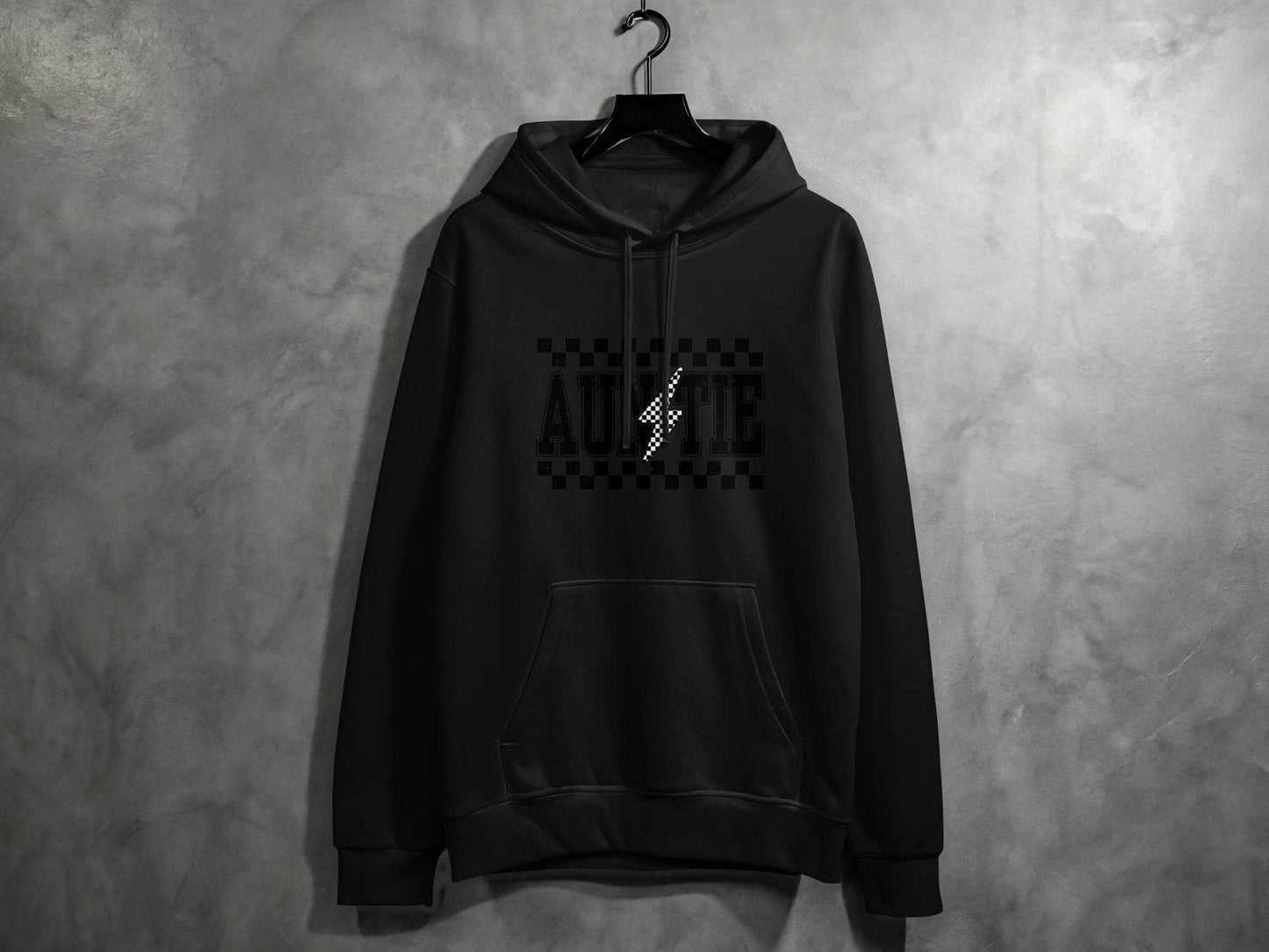 Auntie with Checkered Lightning Bolt Graphic Hoodie - Design & Vybe