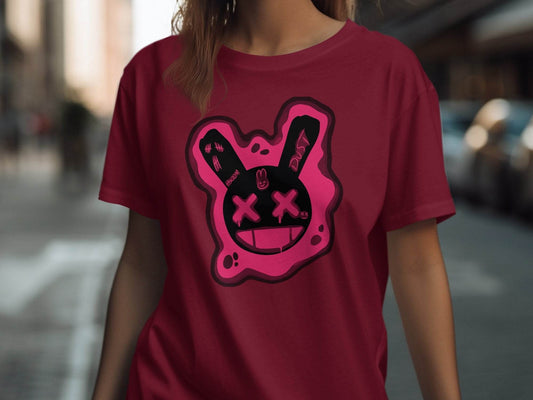 Unique Red Pink Dripping Rabbit Bunny Dead Smiley Face Graphic T-shirt - Design & Vybe