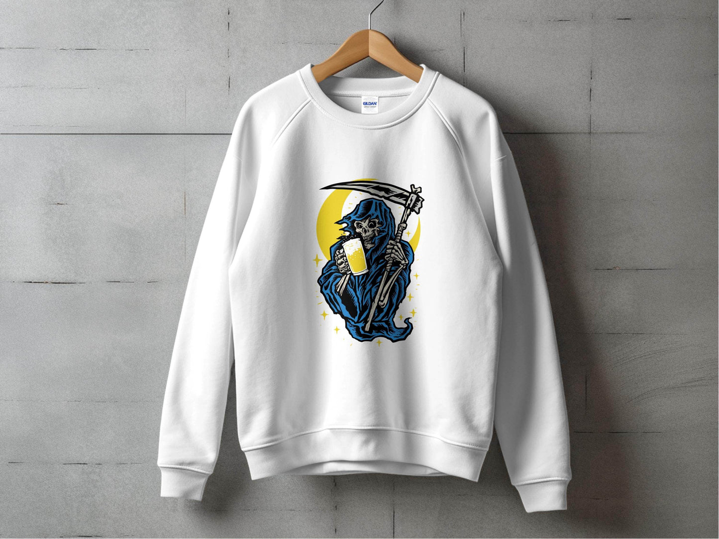 Grim Reaper Holding Beer Glass With Crescent Moon Sweater - Design & Vybe