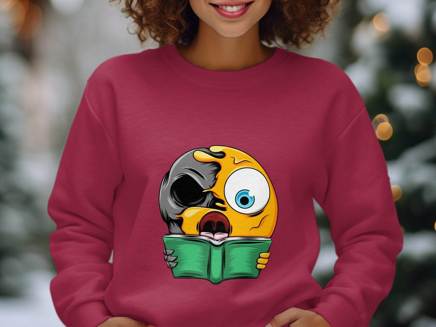Half Emoji Half Skull Reading Book Funny Design Sweater - Design & Vybe