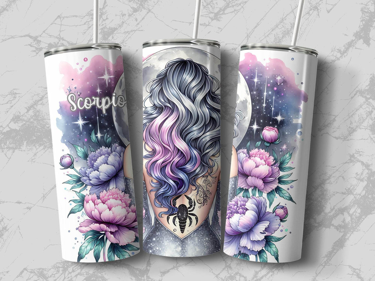 Scorpio Zodiac Sign Girl with Flowers Under Moon Design Tumbler - Design & Vybe