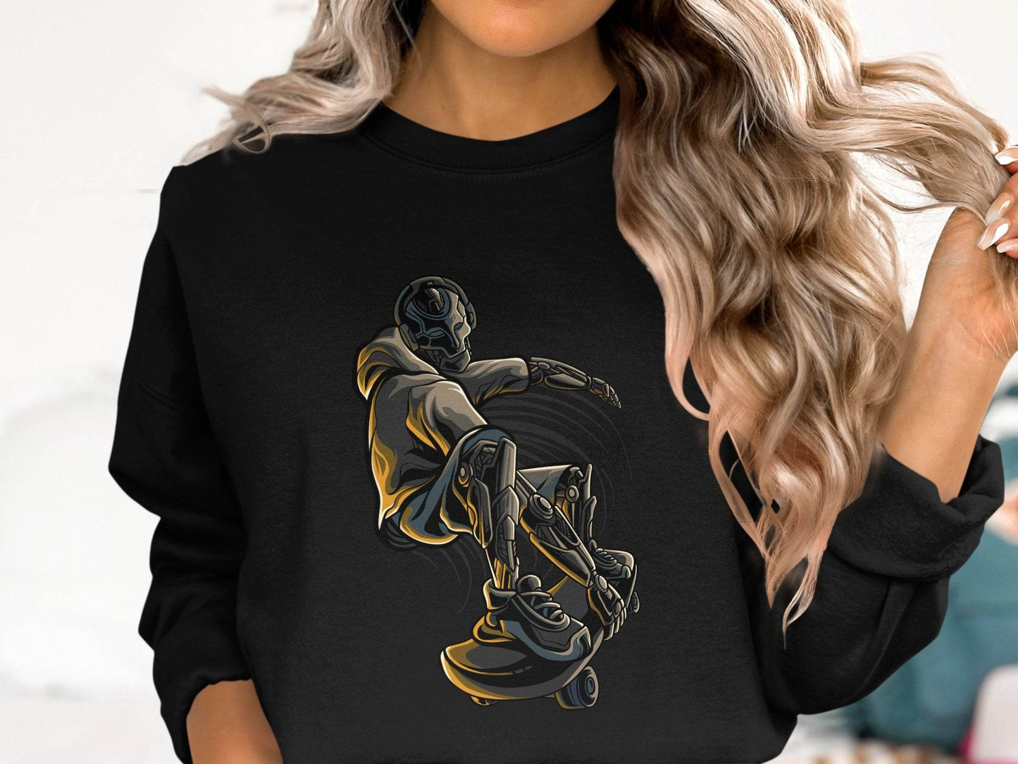Futuristic Robot Skateboarding Graphic on Trendy Sweater - Design & Vybe