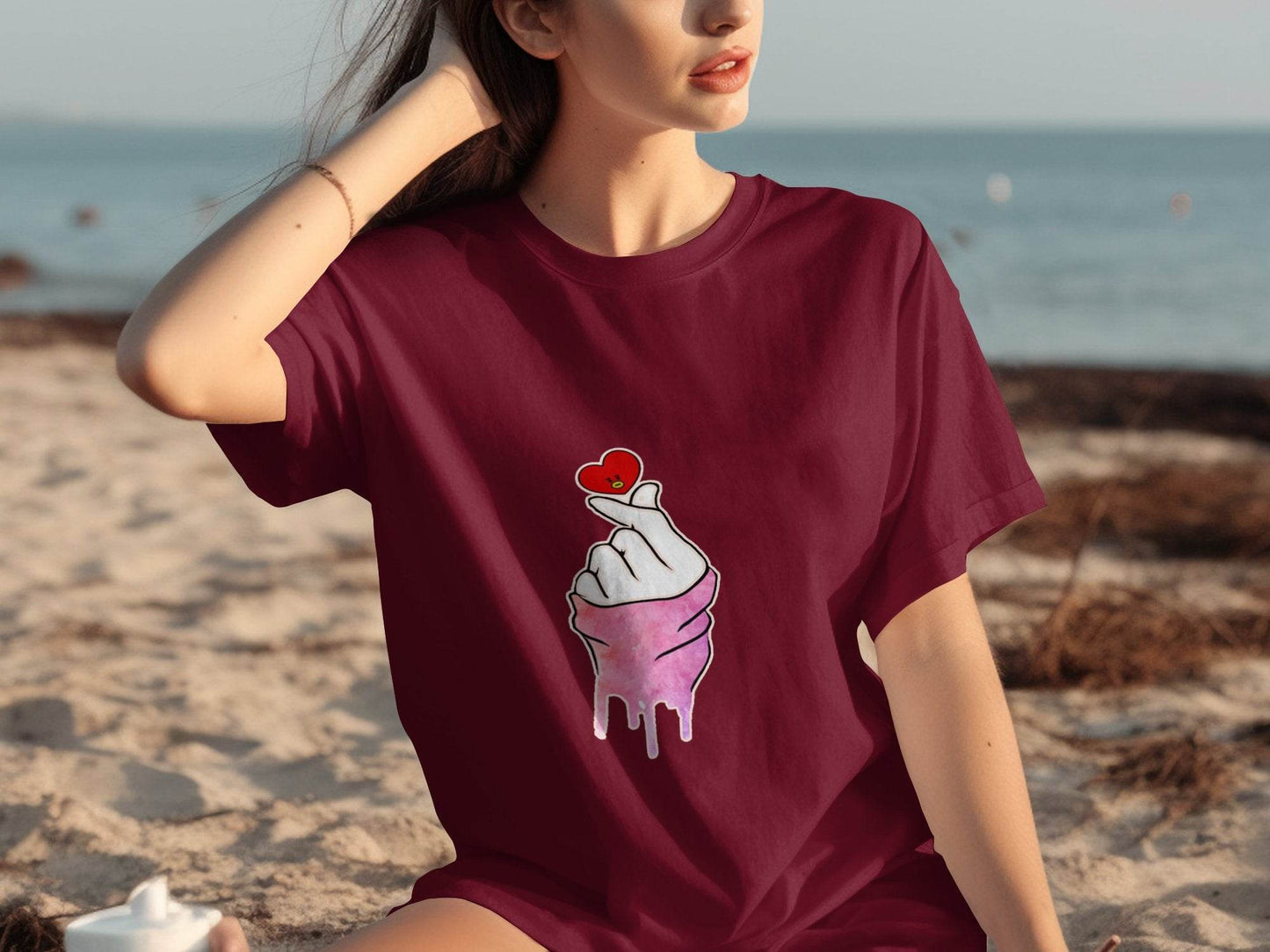 Finger Heart with a Red Heart Cartoon Drawing T-Shirt - Design & Vybe