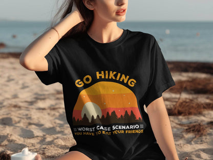 Go Hiking You Have To Eat Your Friends Sunset Design T-Shirt - Design & Vybe
