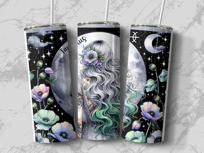Taurus Zodiac Sign Woman With Moon and Flowers Design Image Tumbler - Design & Vybe