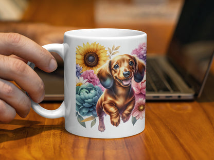 Adorable Dachshund with Floral Background Mug product