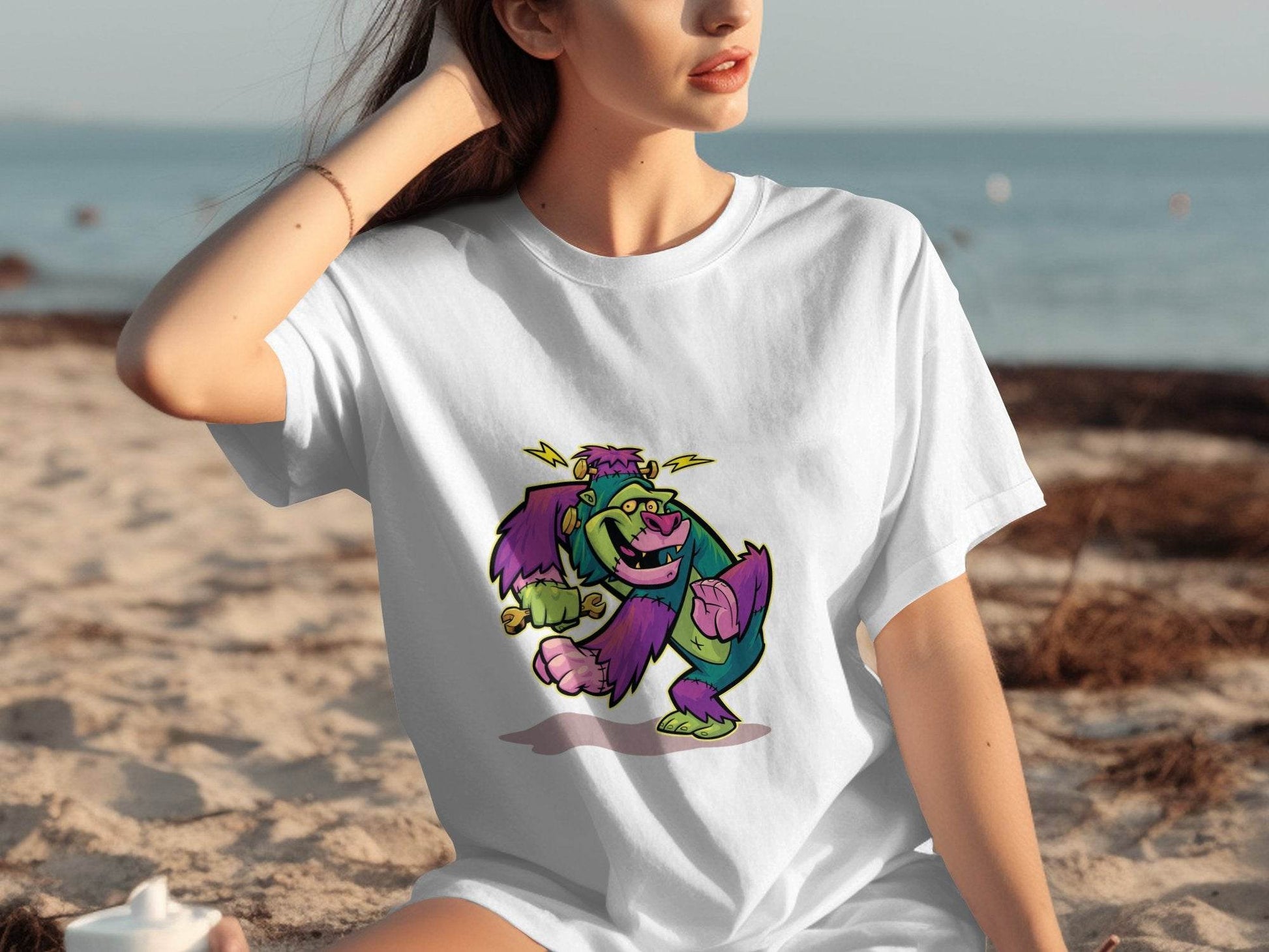 Cartoon Frankenstein with Lightning Strikes Above T-Shirt - Design & Vybe