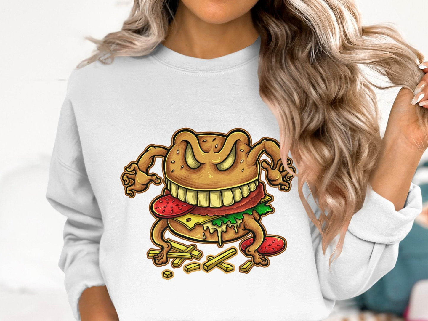 Quirky Cartoon Monster Cheeseburger Graphic Sweater - Design & Vybe