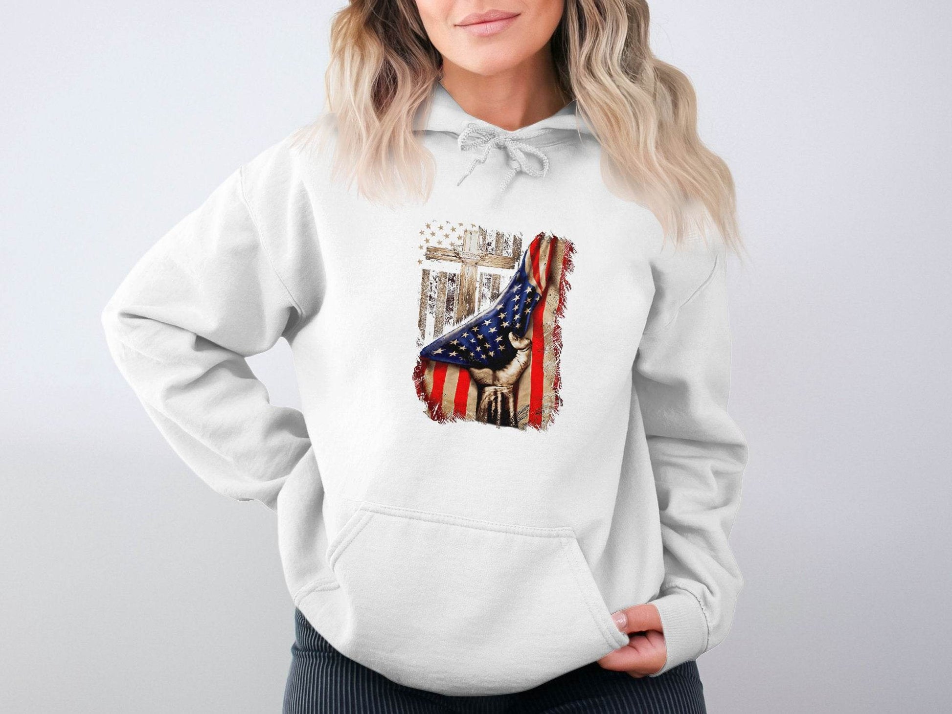 American Flag Plus Cross Held in Hand Design Hoodie - Design & Vybe