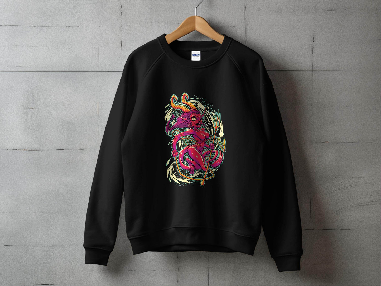 Fiery Temptress Devil Girl Art With A Pitchfork Sweater - Design & Vybe