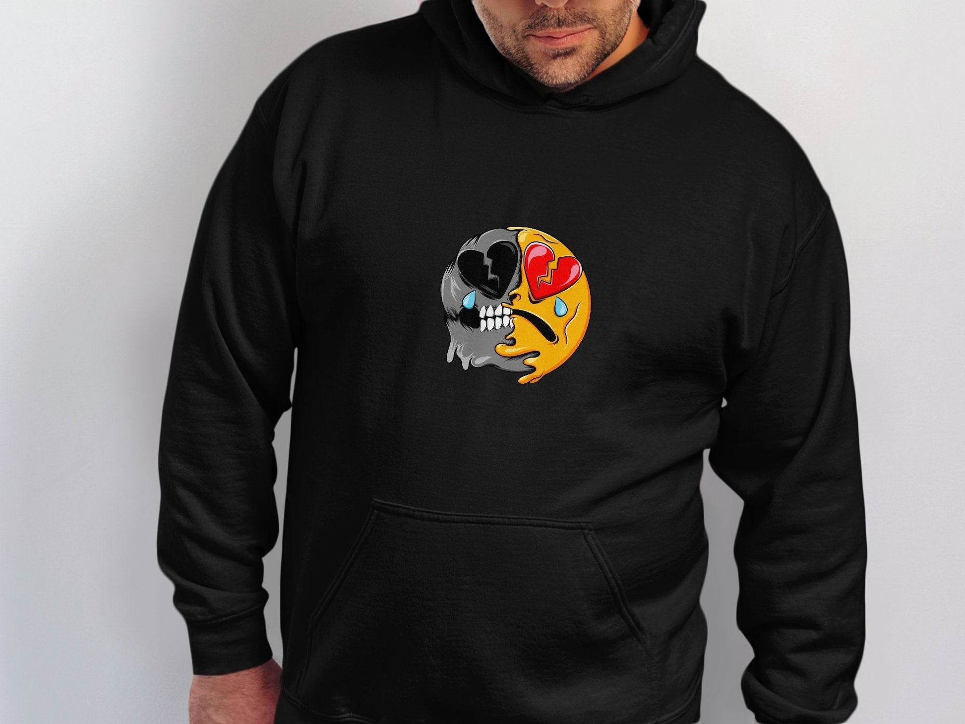 Dual Emotions Skull And Hearts Smiley Graphic Hoodie - Design & Vybe