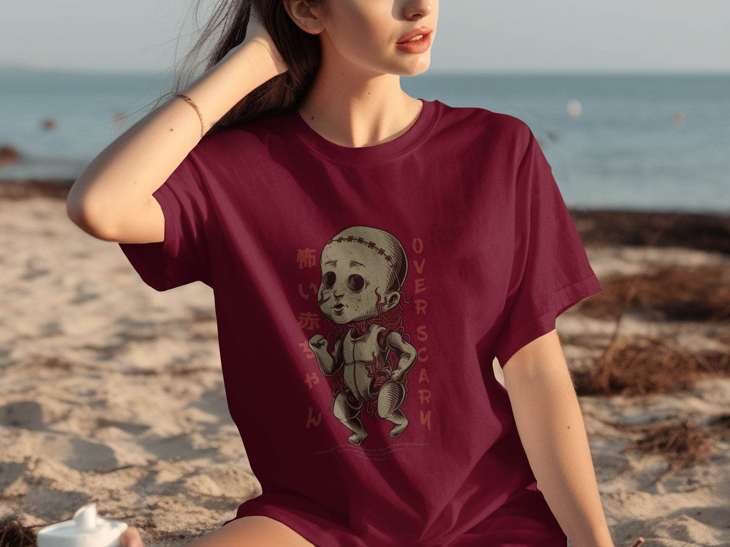 Scary Doll with Japanese Text Design Trendy Over Scary T-Shirt - Design & Vybe