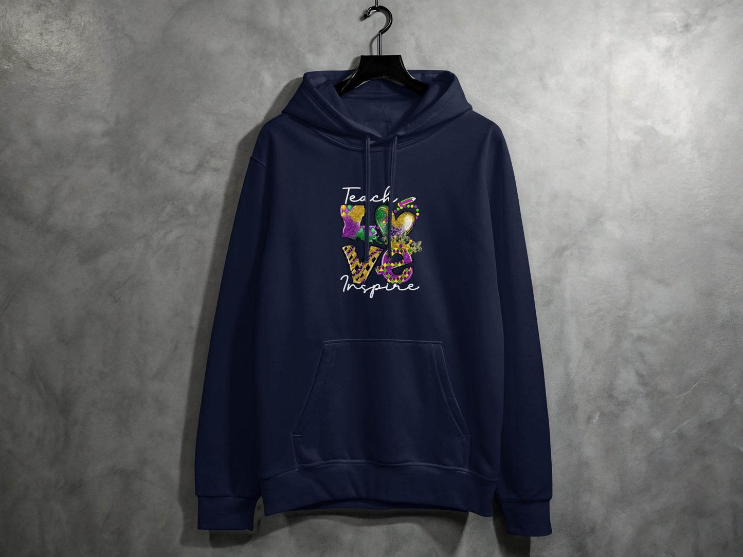 Teach Love Inspire Louisiana Heart Crown Mardi Gras Hoodie - Design & Vybe