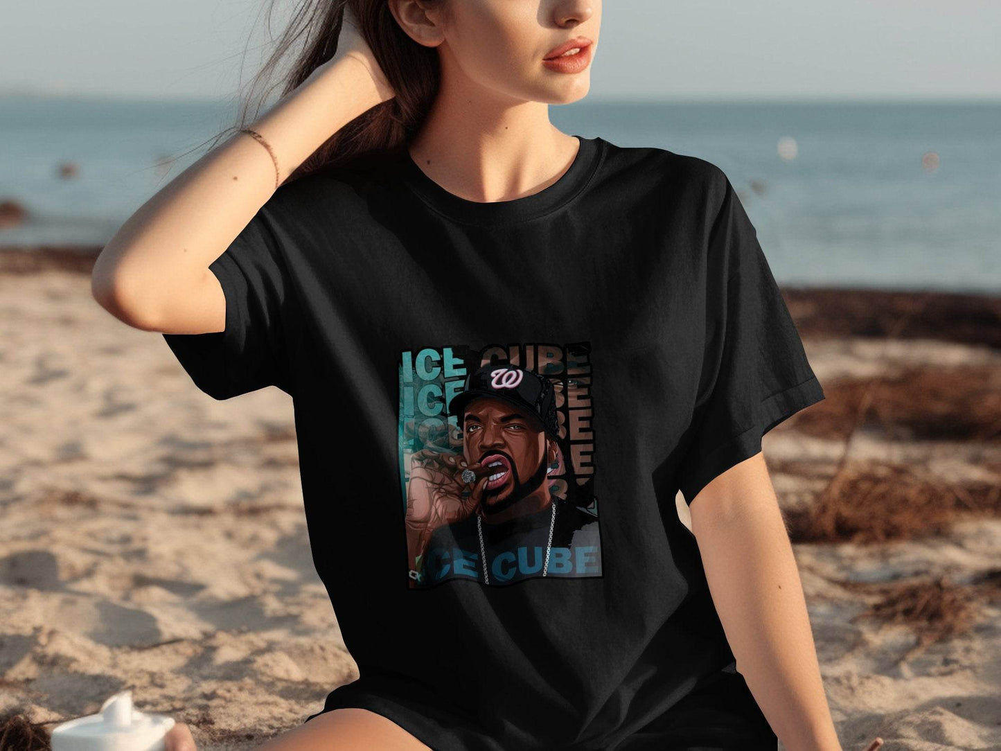 Ice Cube Smoking Cigar with Chain Portrait Art T-Shirt - Design & Vybe