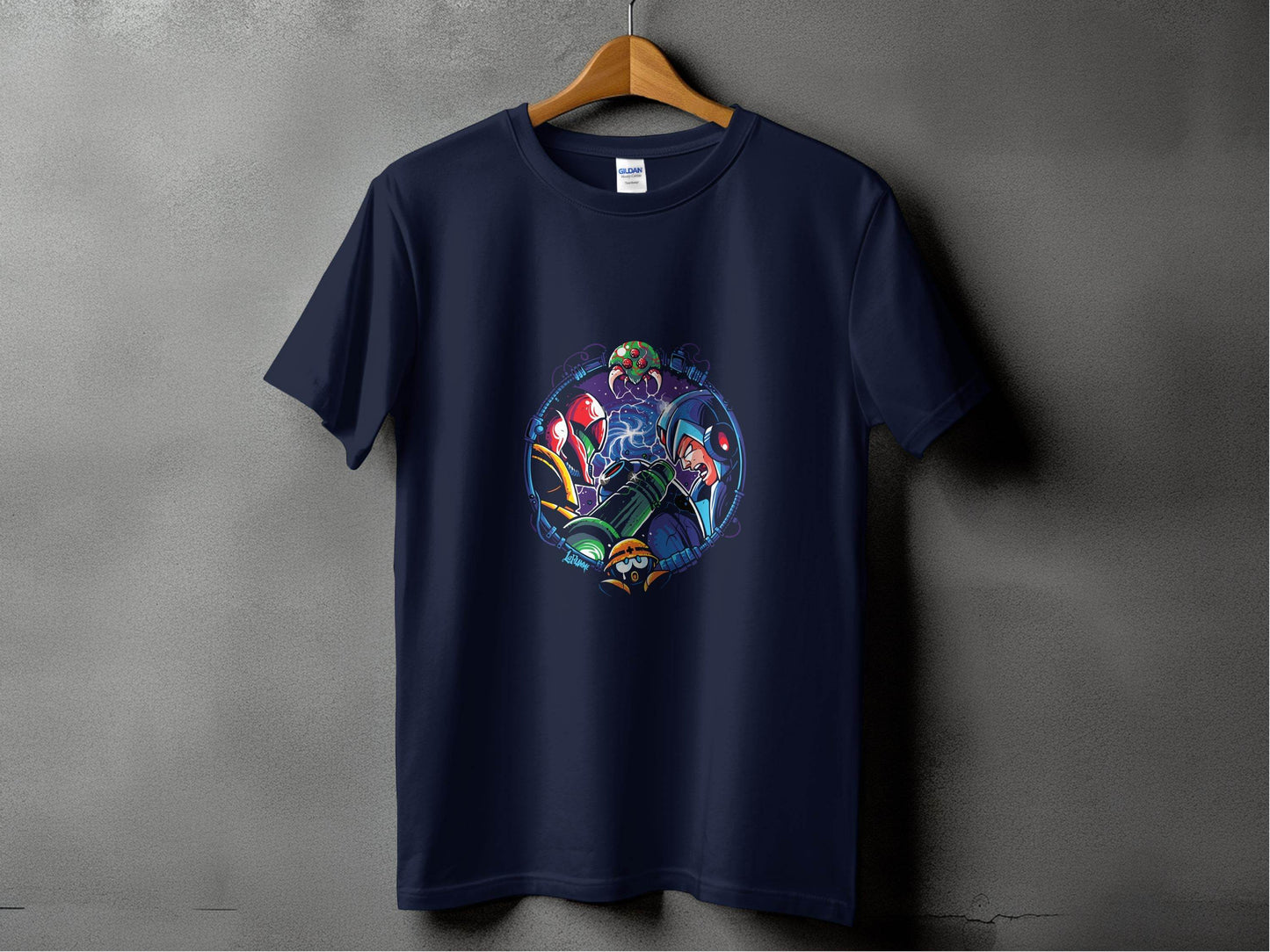 Metroid Meets Mega Man Character Design in Space T-Shirt - Design & Vybe