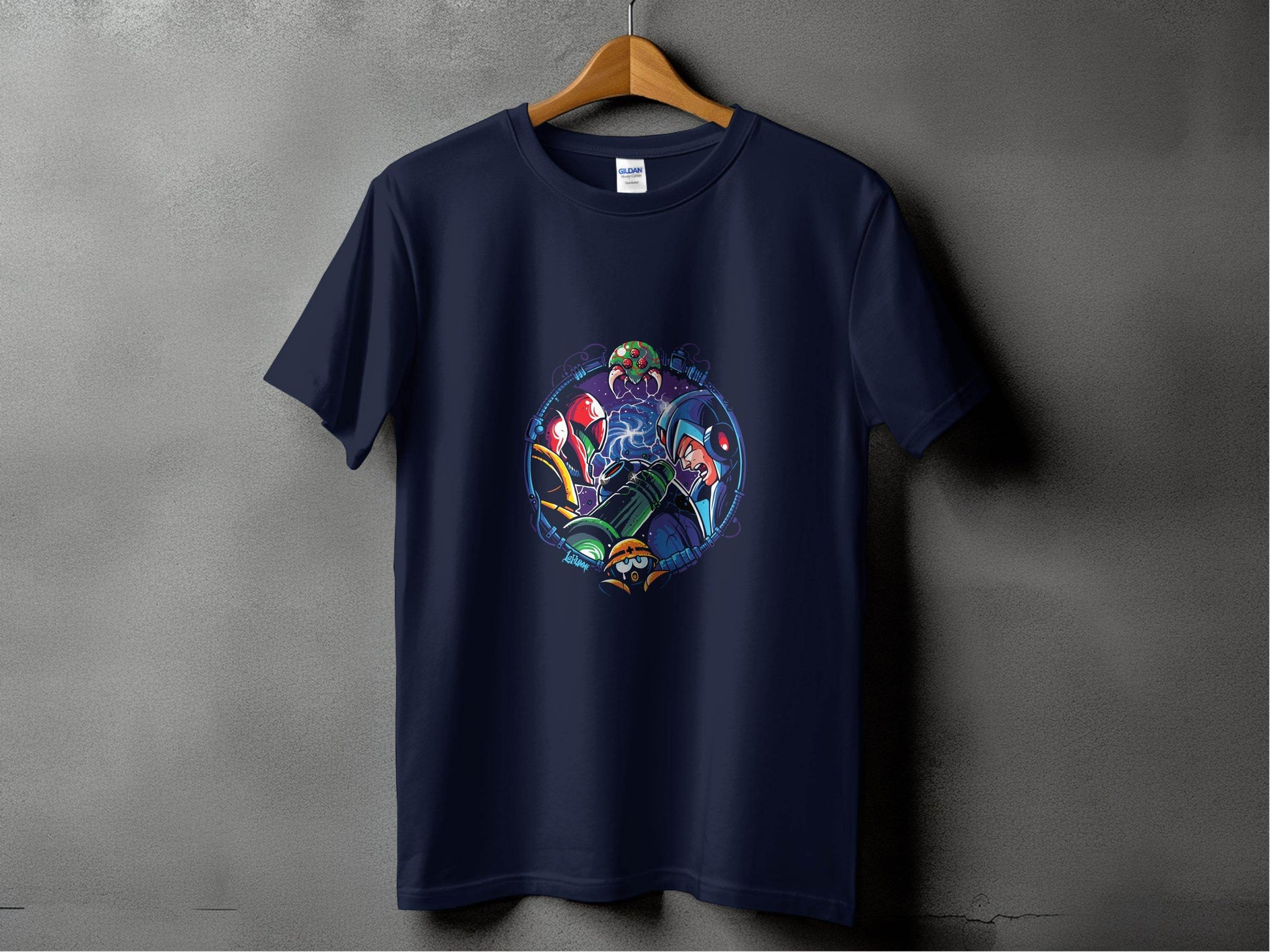 Metroid Meets Mega Man Character Design in Space T-Shirt - Design & Vybe