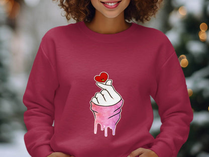 Finger Heart with a Red Heart Cartoon Drawing Hoodie - Design & Vybe