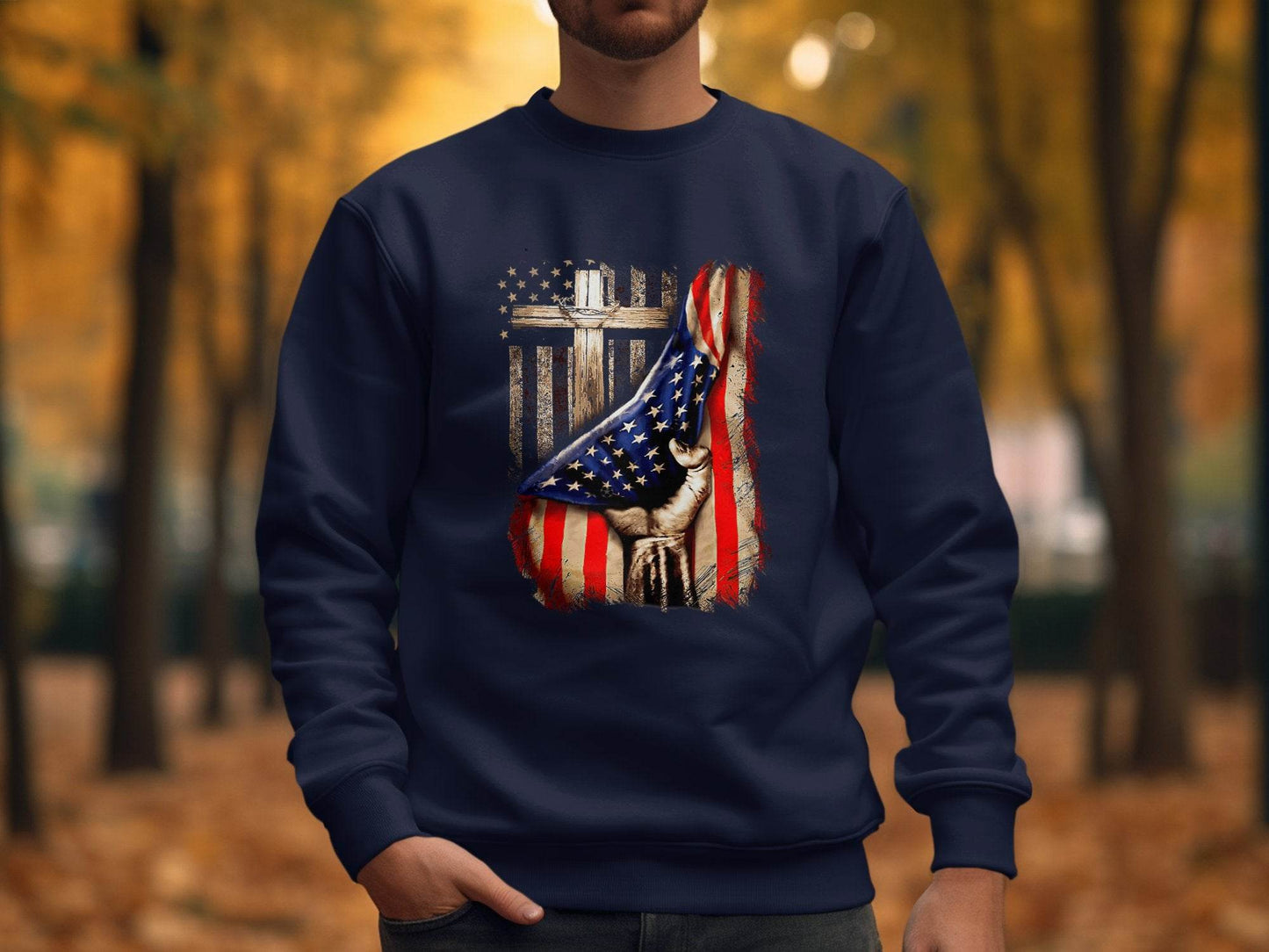 American Flag Plus Cross Held in Hand Design Sweater - Design & Vybe