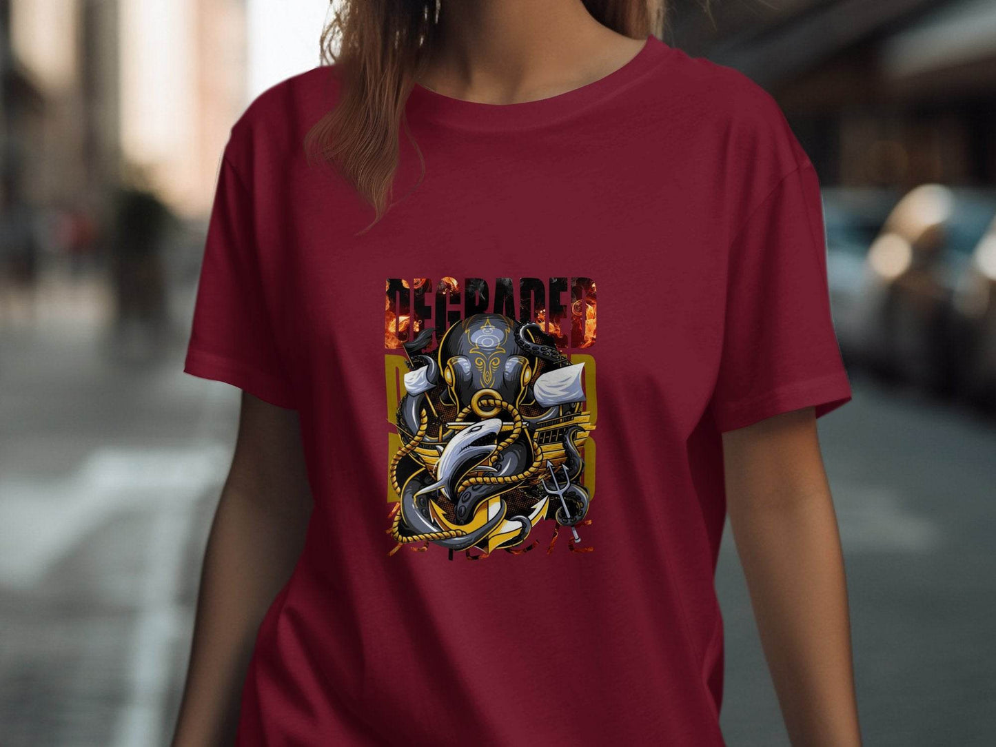 Degraded Design with Shark Anchor Octopus Artwork T-Shirt - Design & Vybe