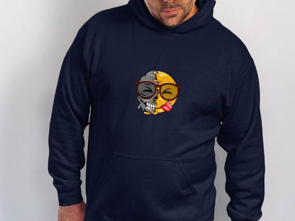 Creative Split Face Design with Bold Red Sunglasses Smiley Hoodie - Design & Vybe