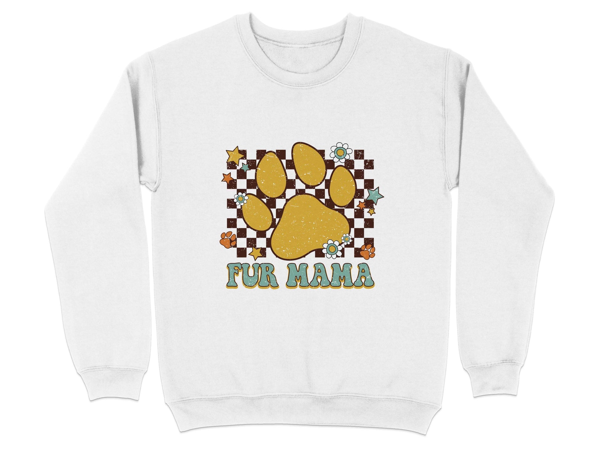 Fur Mama Paw Print Stars Flowers Checkered Pattern Sweater - Design & Vybe