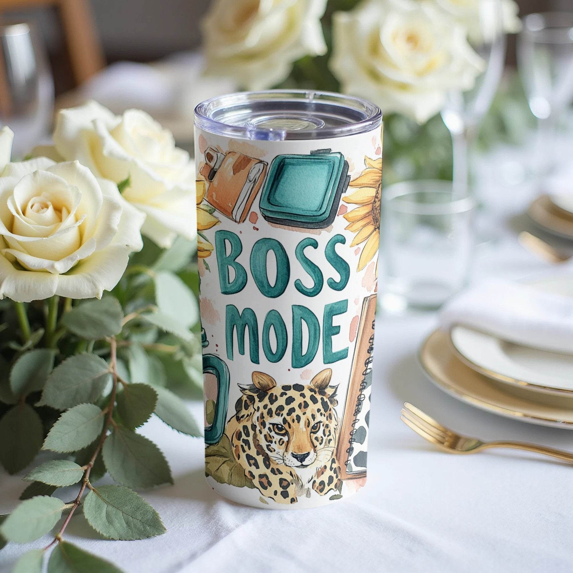 Boss Mode Sunflower Leopard Office Supplies Design Tumbler - Design & Vybe