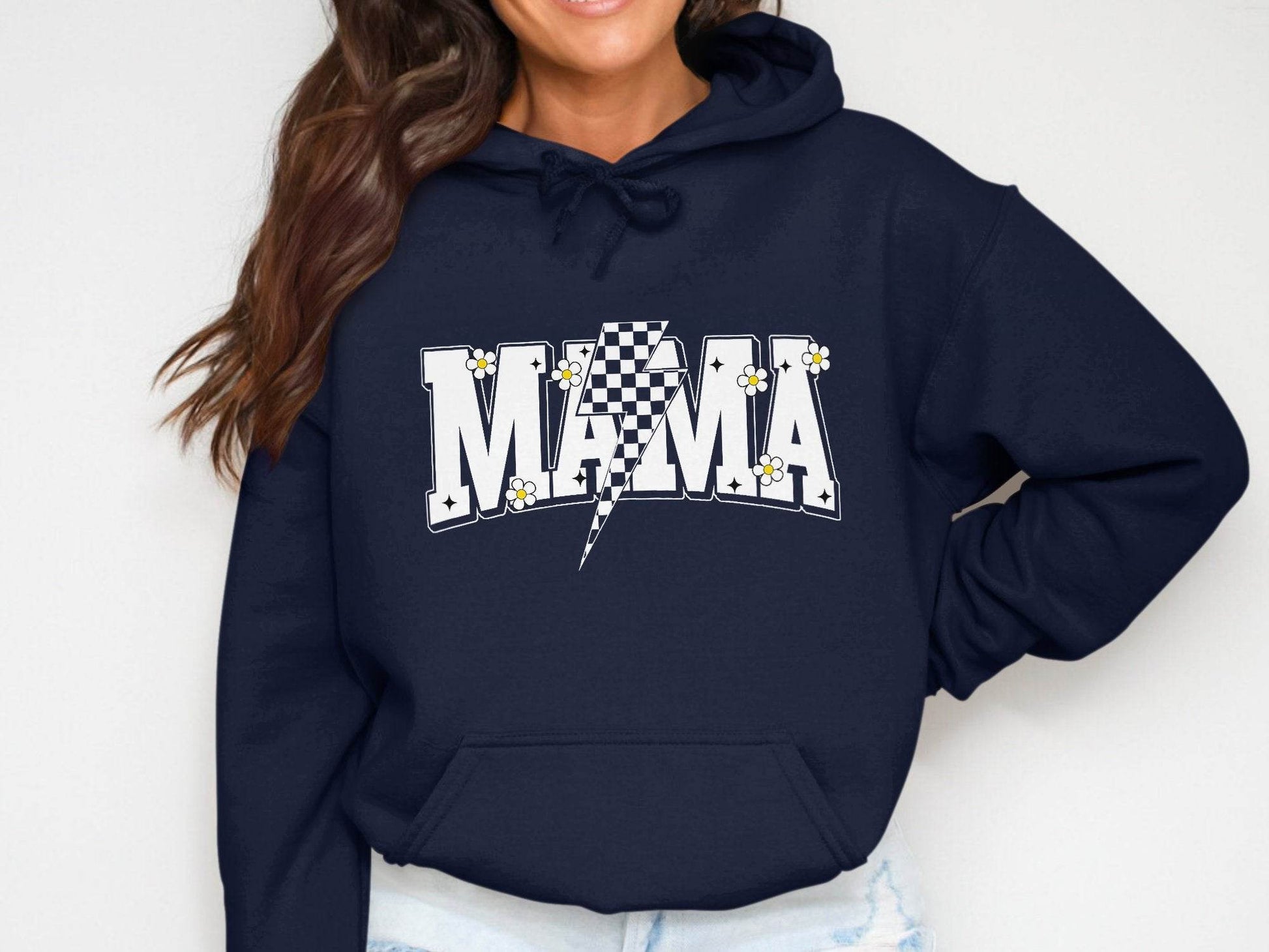 Retro Mama Checkered Bolt Floral Design Graphic Hoodie - Design & Vybe