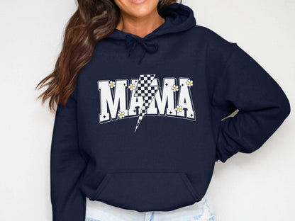 Retro Mama Checkered Bolt Floral Design Graphic Hoodie - Design & Vybe