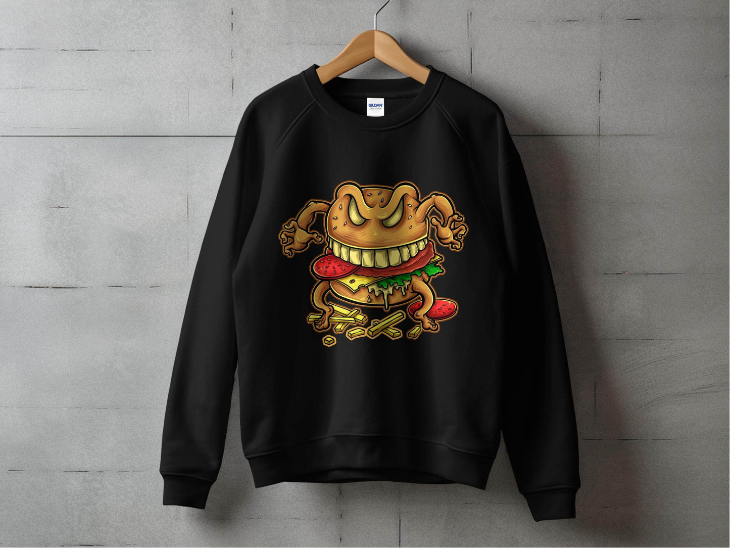 Quirky Cartoon Monster Cheeseburger Graphic Sweater - Design & Vybe