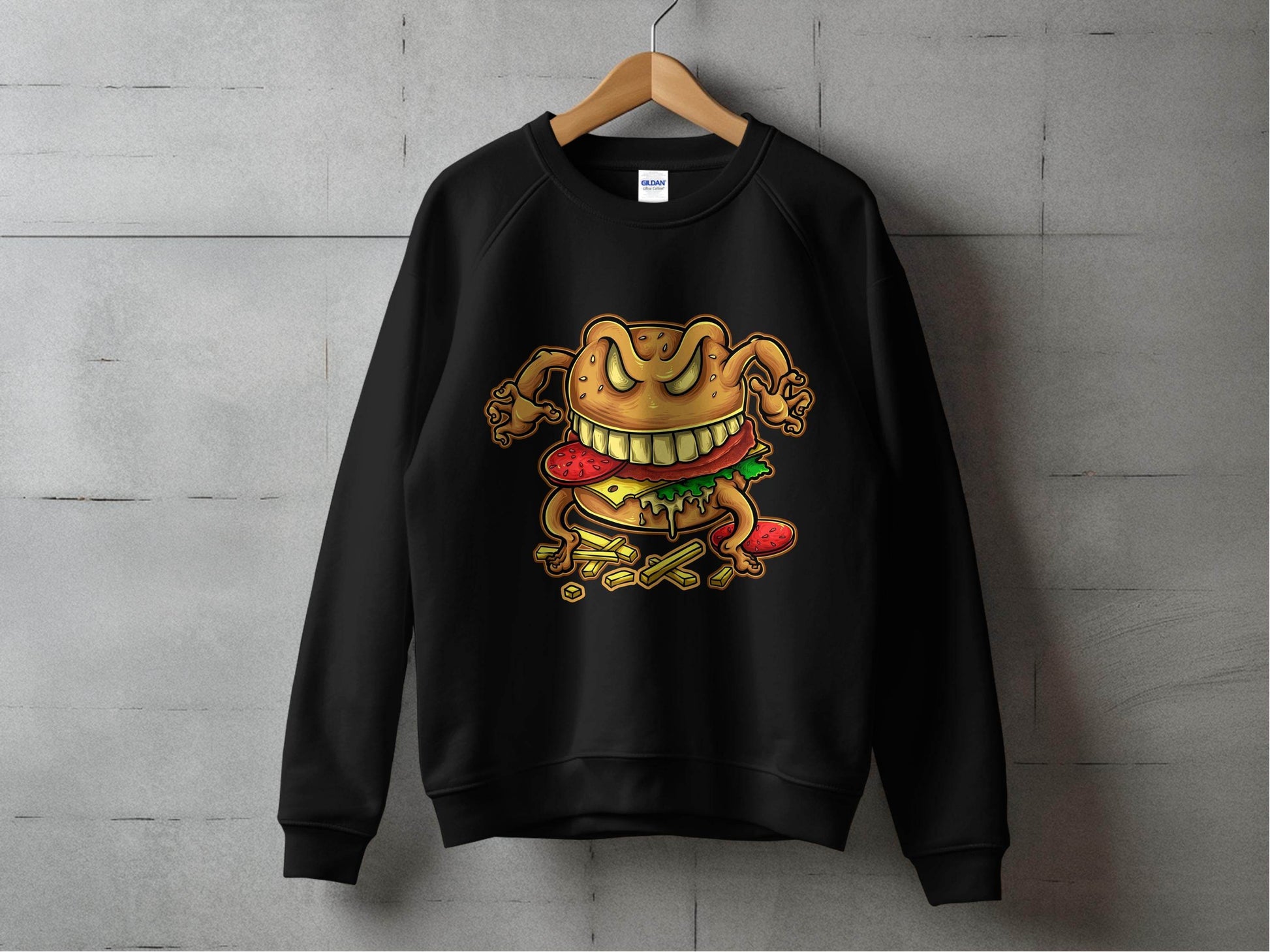 Quirky Cartoon Monster Cheeseburger Graphic Sweater - Design & Vybe