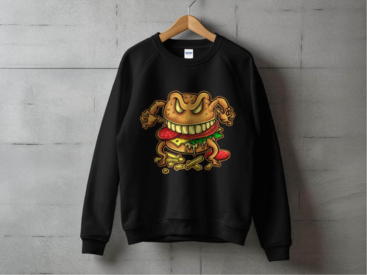 Quirky Cartoon Monster Cheeseburger Graphic Sweater - Design & Vybe