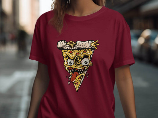 Creepy Pizza Slice with Evil Face Graphic Print T-Shirt - Design & Vybe