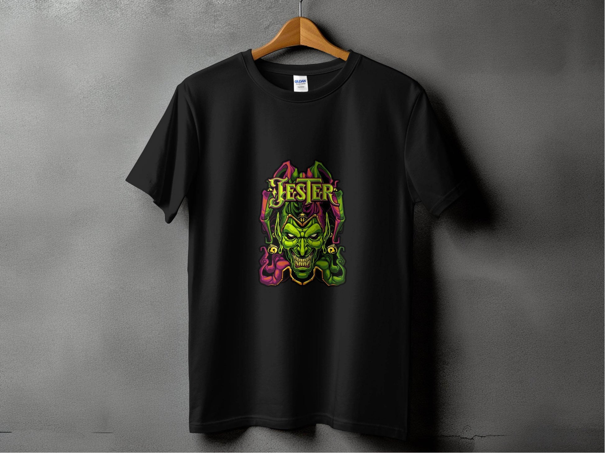 Wicked Jester Graphic Green Purple Gold Artwork T-Shirt - Design & Vybe