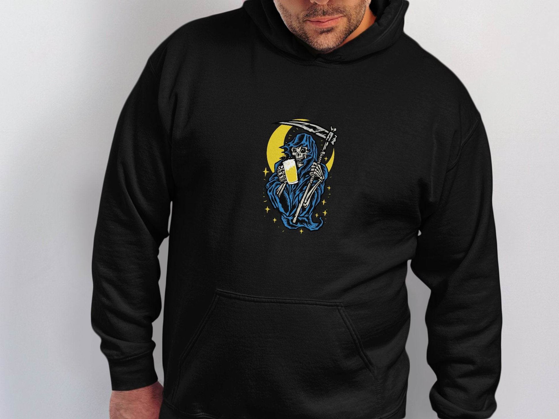 Grim Reaper Holding Beer Glass With Crescent Moon Hoodie - Design & Vybe