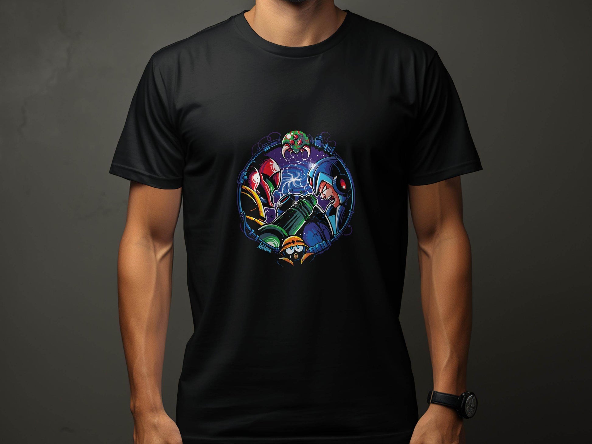 Metroid Meets Mega Man Character Design in Space T-Shirt - Design & Vybe