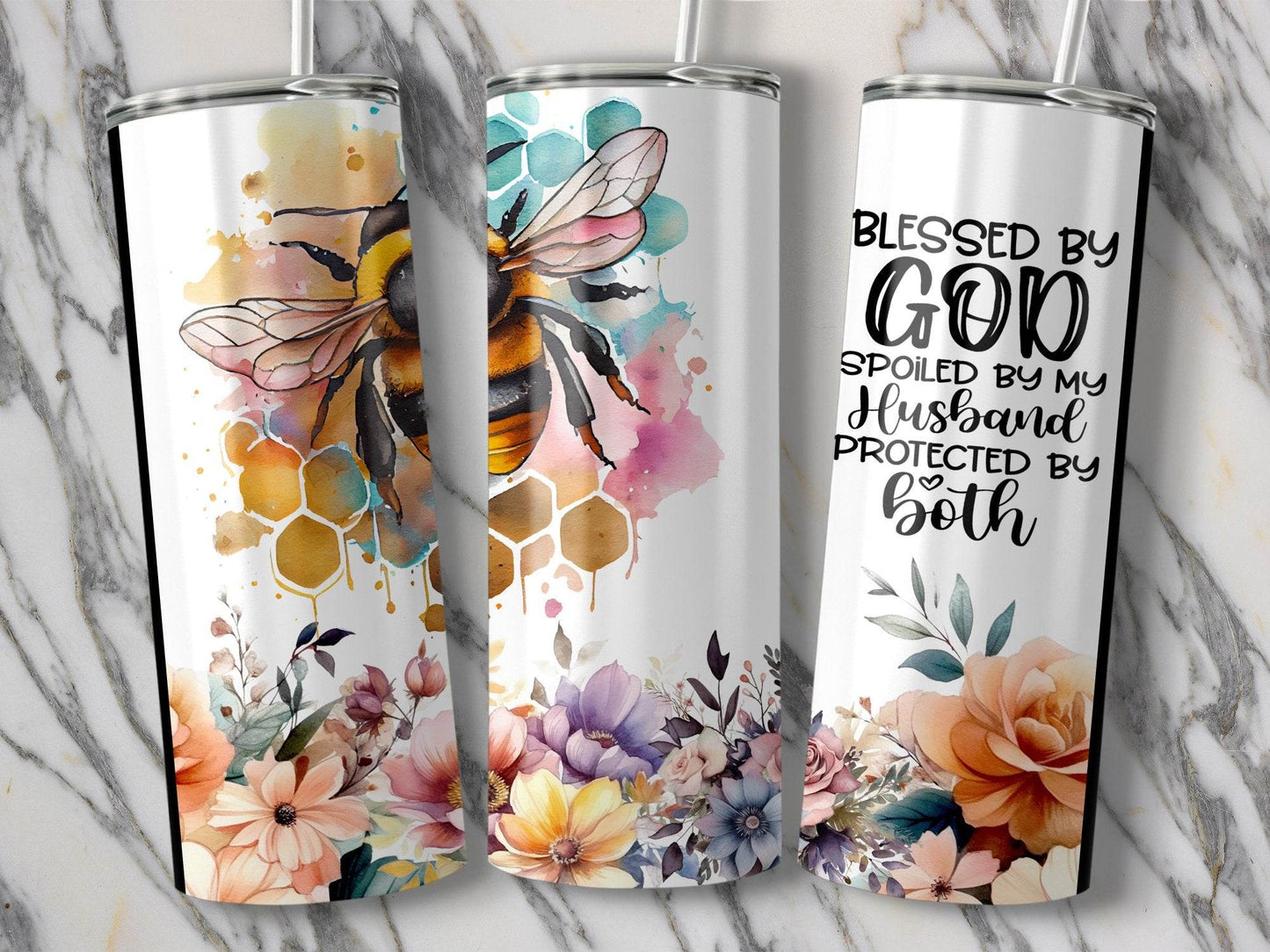 Blessed By God Spoiled By My Husband Bee Watercolor Tumbler - Design & Vybe