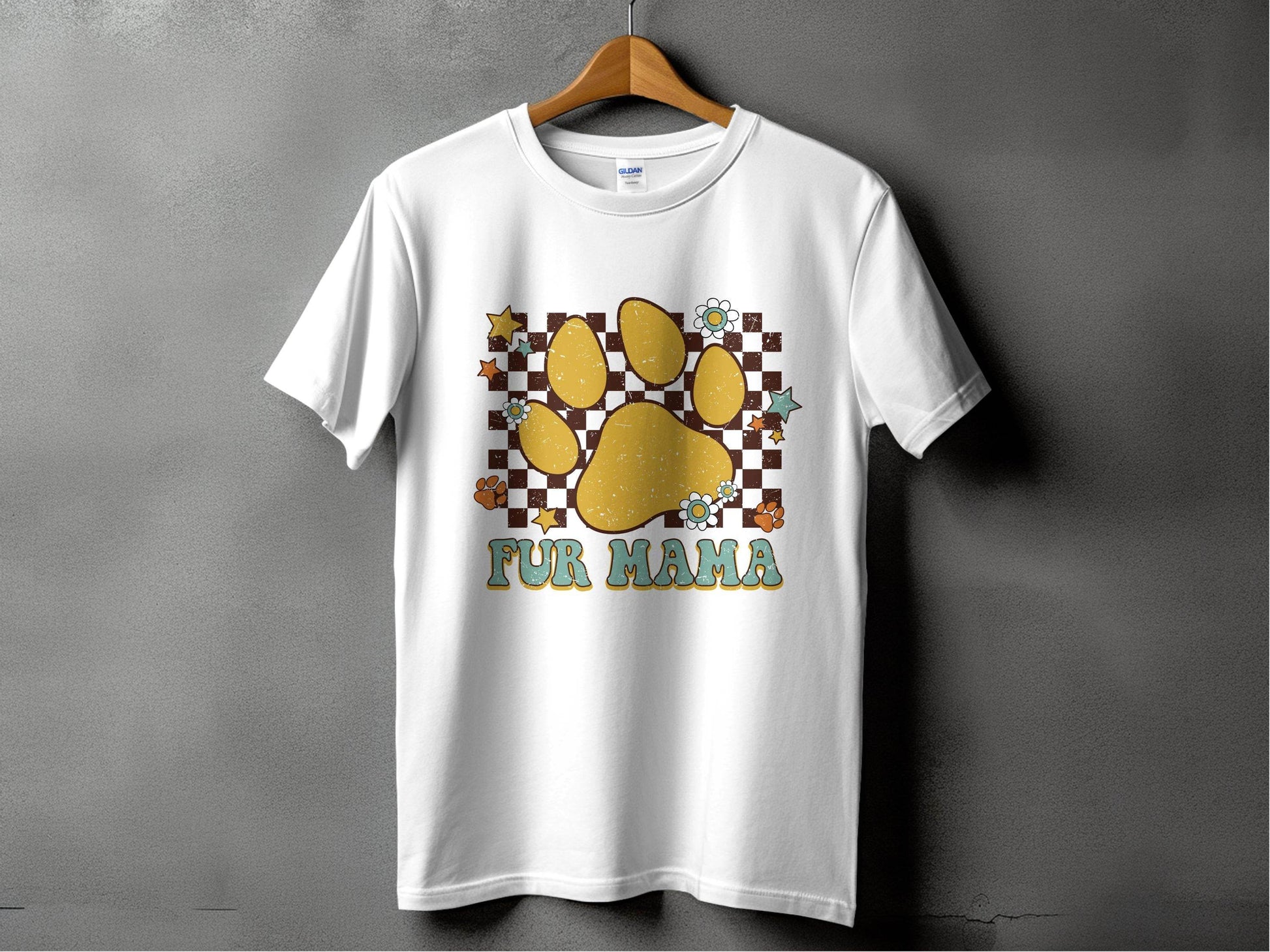 Fur Mama Paw Print Stars Flowers Checkered Pattern T-Shirt - Design & Vybe