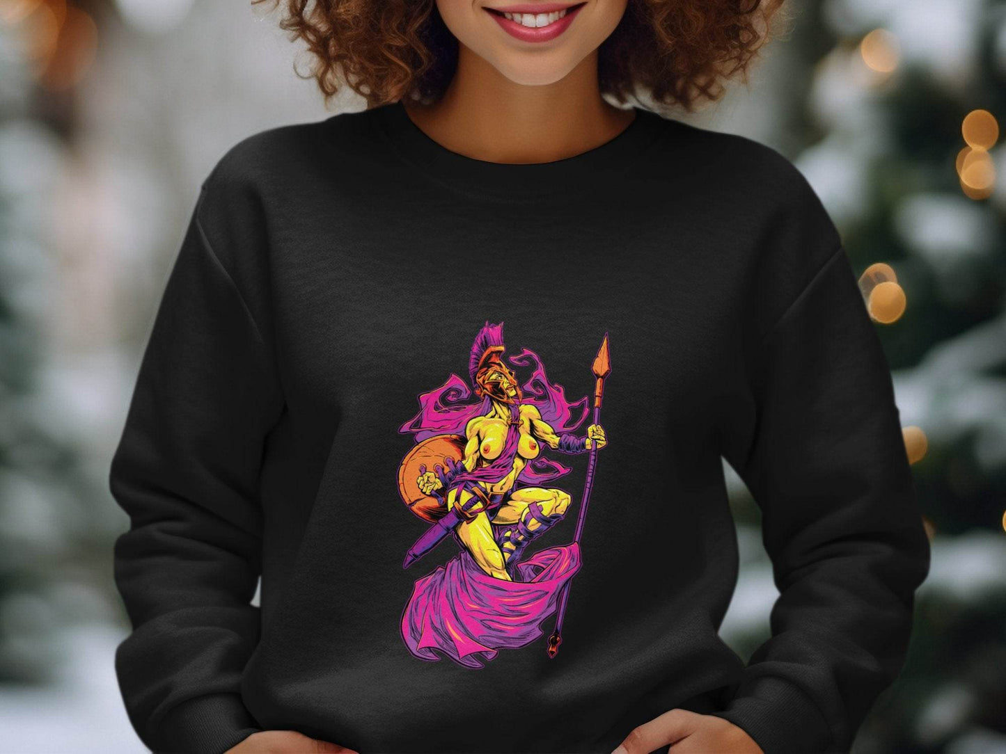 Striking Female Warrior with Spear Graphic Art Sweater - Design & Vybe