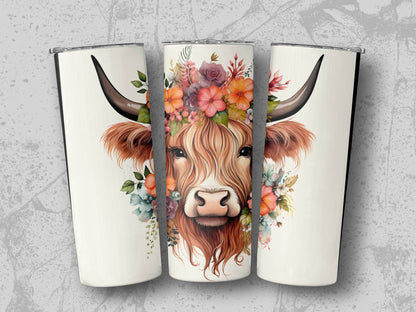 Floral Crown Highland Cow Watercolor Art Design Tumbler - Design & Vybe